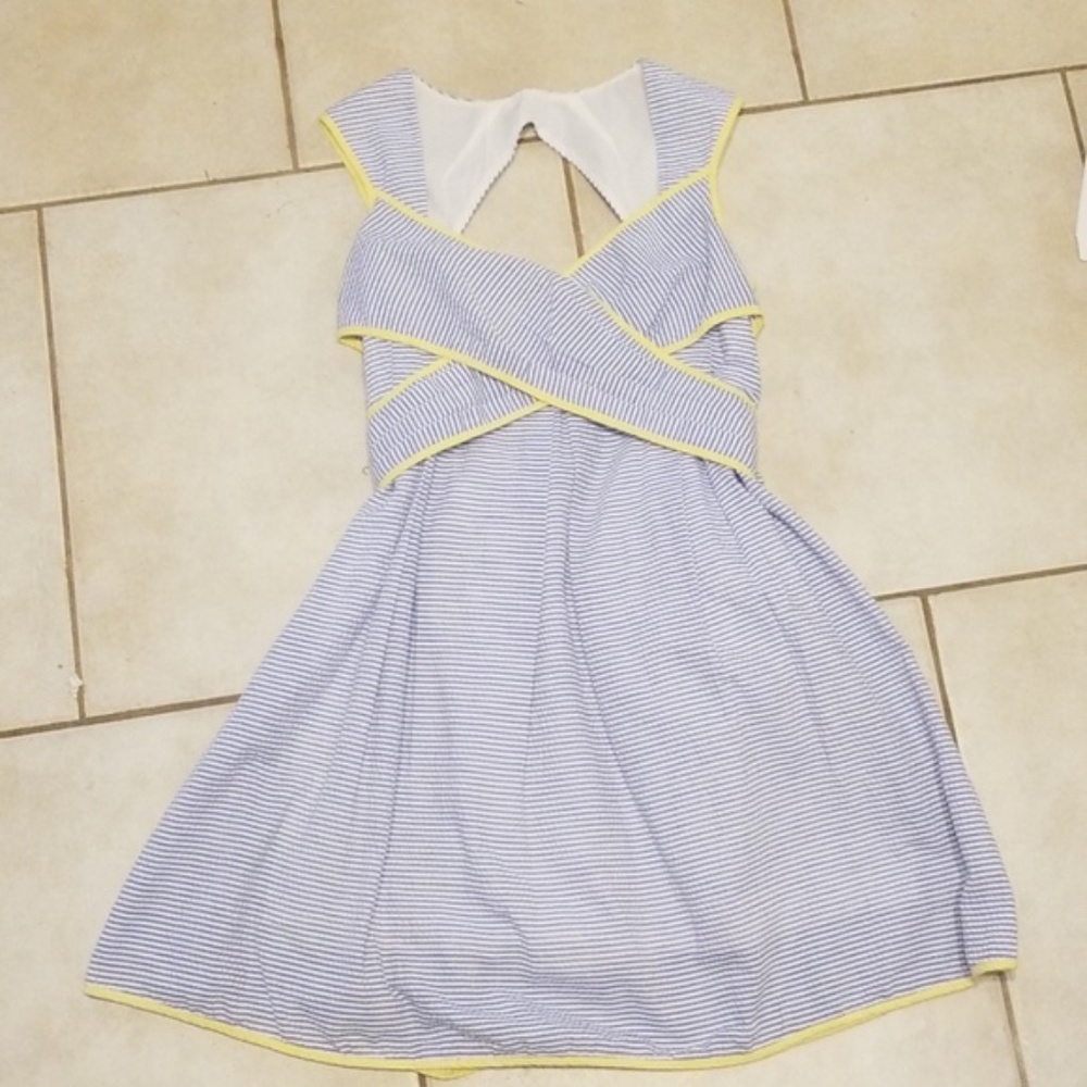 Esley Light Blue and White Striped Dress with Yellow Trim